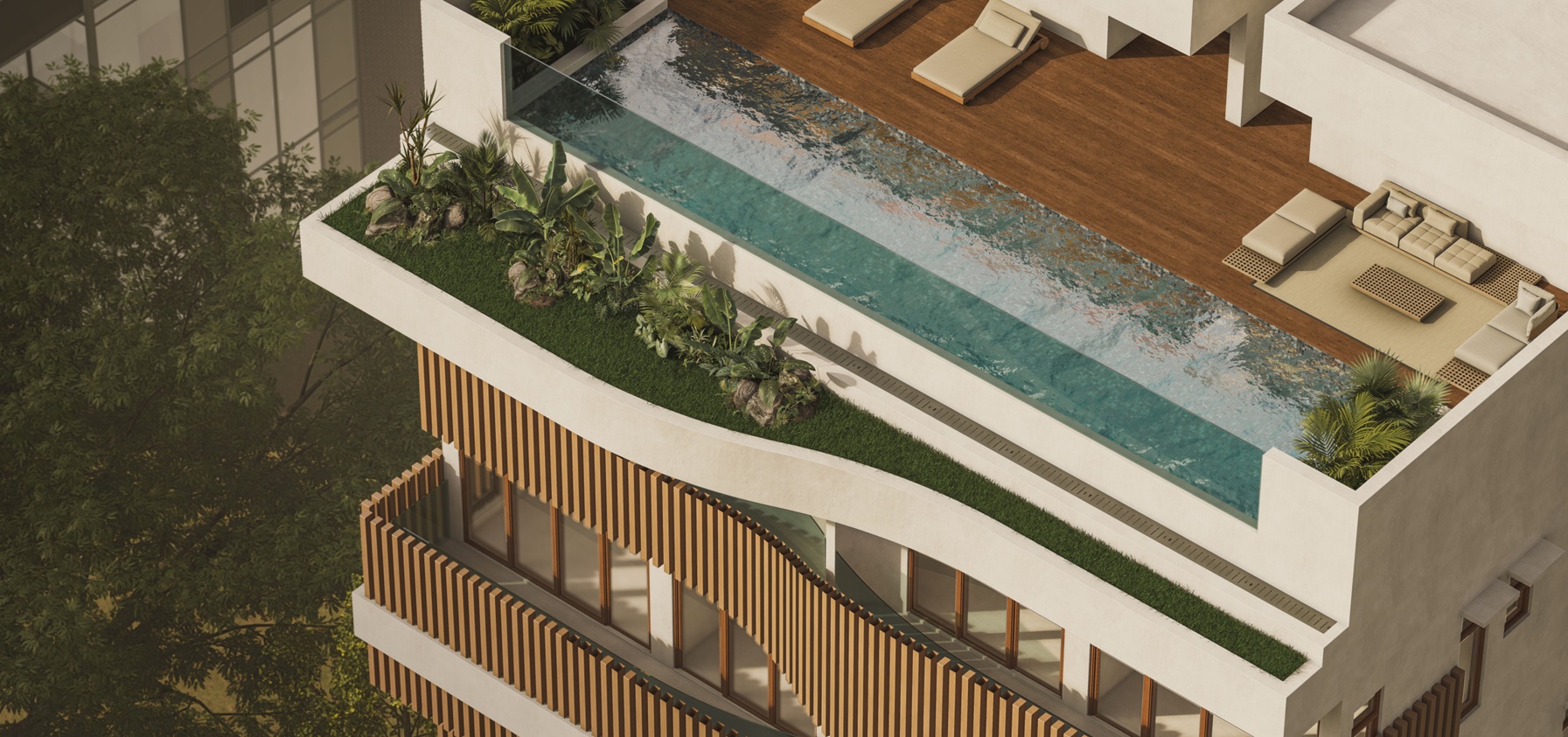 Aerial view of a rooftop infinity pool on a residential tower in Riyadh