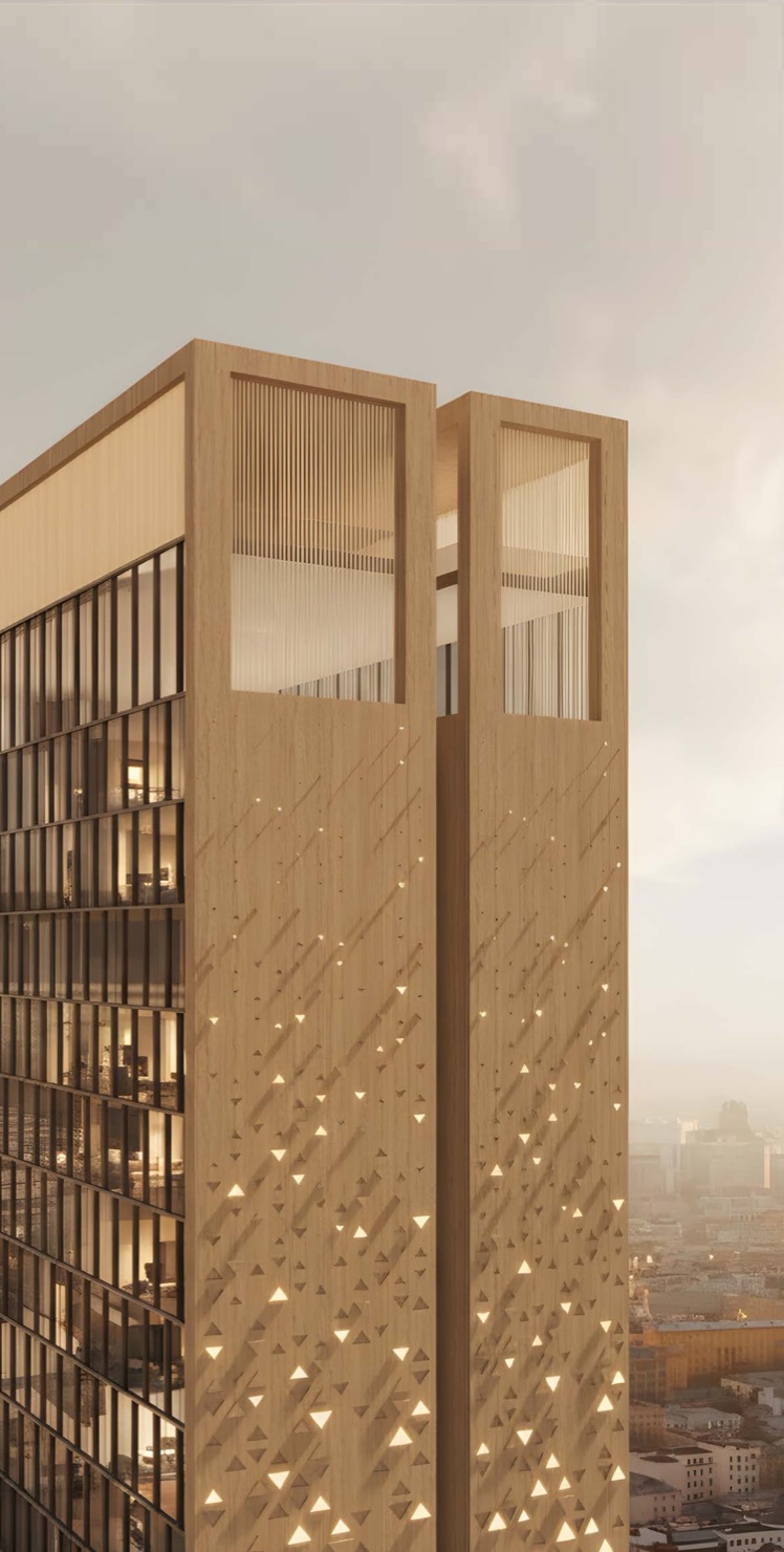 Crown of a mixed-use tower with a perforated metal screen
