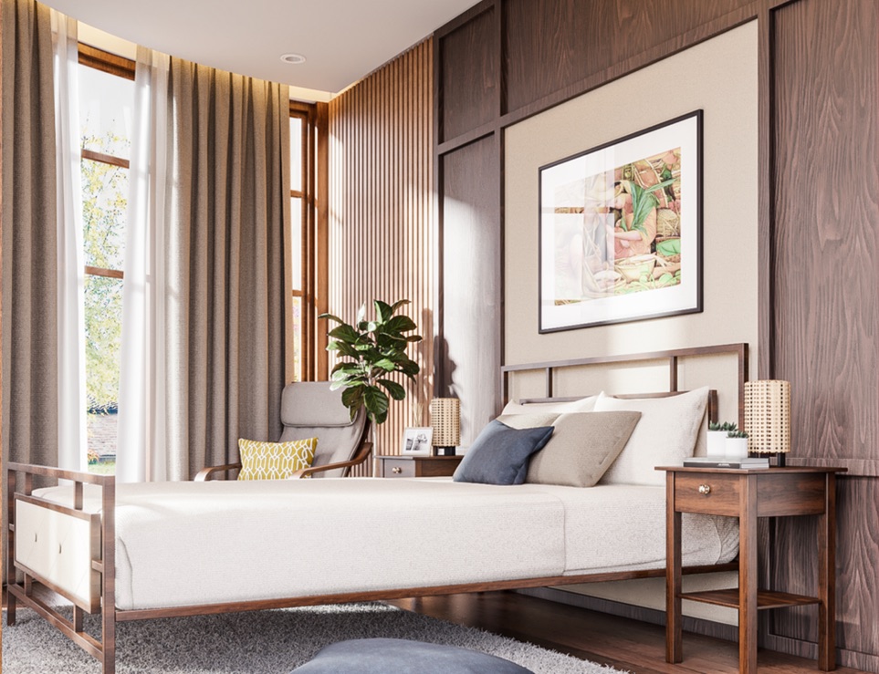 Bedroom with a timber headboard wall, a framed artwork and tall curtained windows