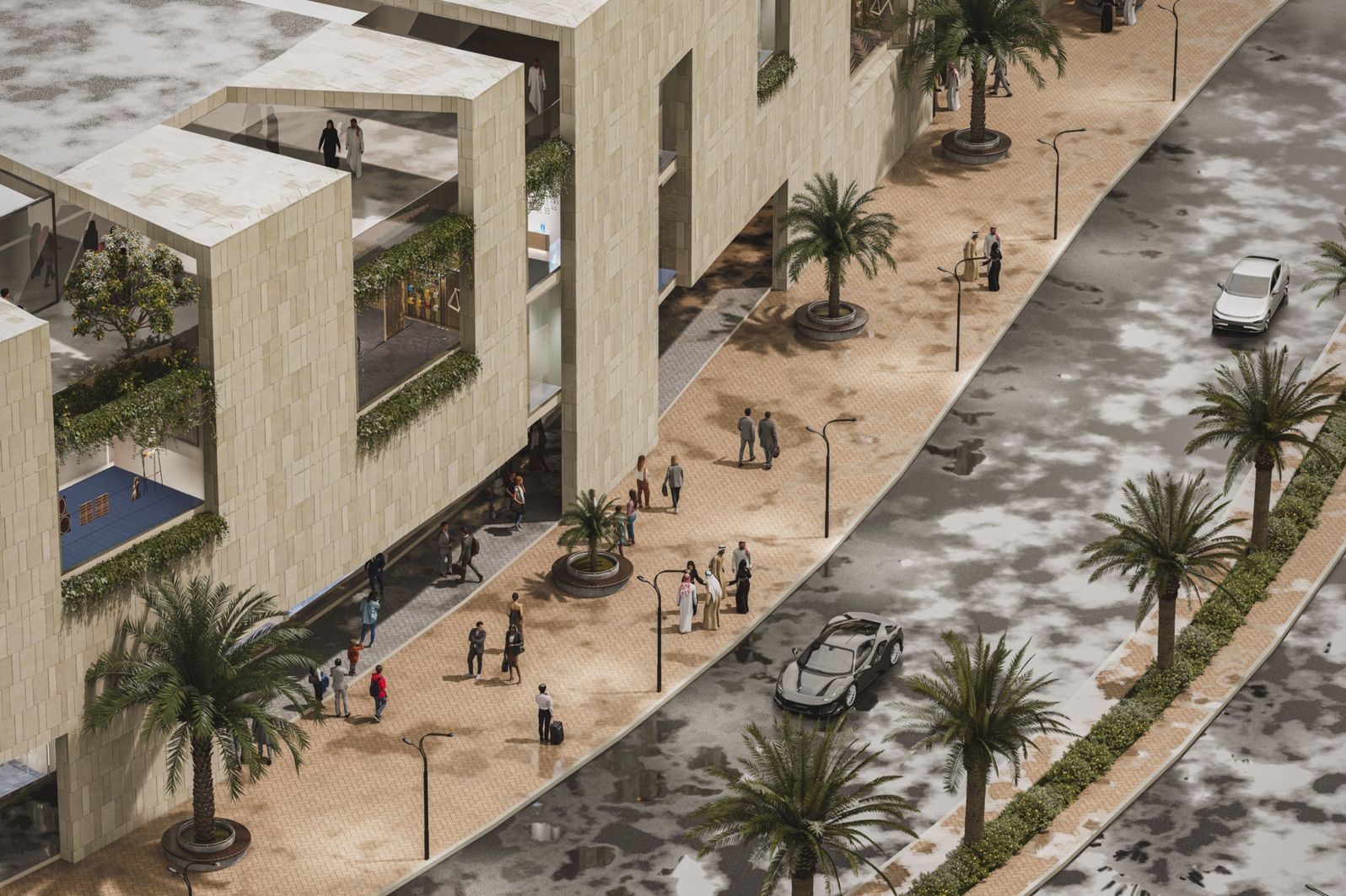 Aerial view down a palm-lined street past stone-clad blocks