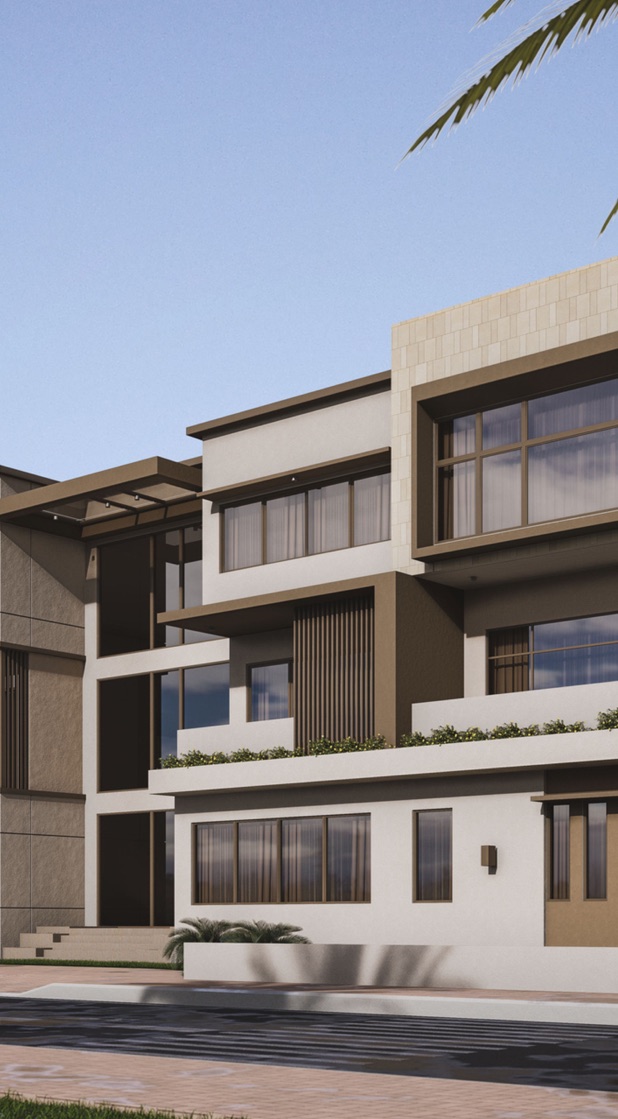 Townhouse facade with stone cladding and timber fins in daylight