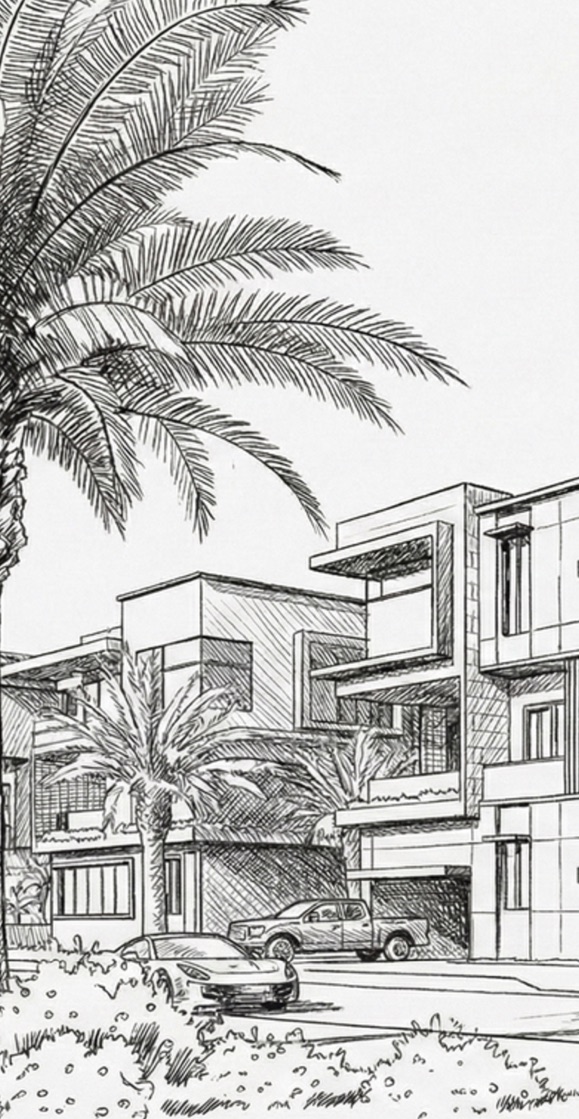 Pencil sketch of townhouses and palm trees
