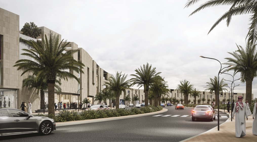 Palm-lined street with stone-clad blocks on the left, cars on the road and pedestrians on the pavement