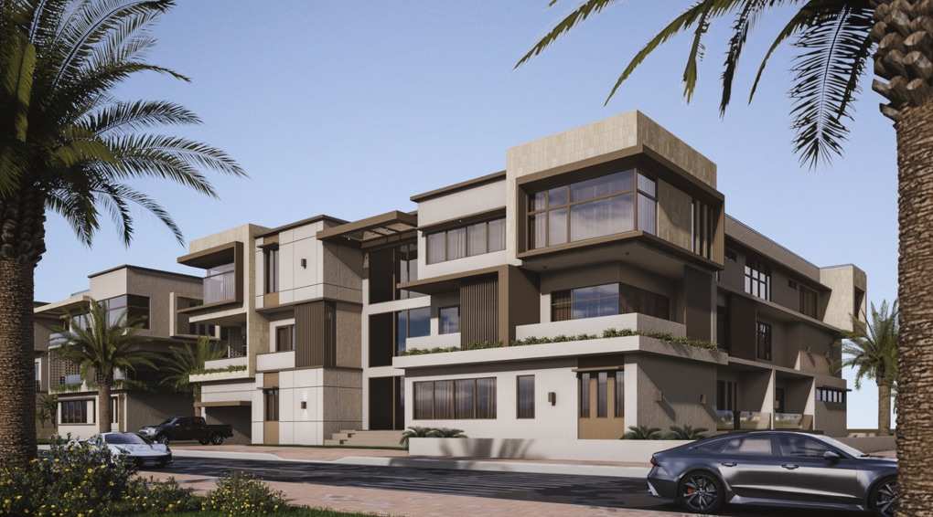 A row of three-storey townhouses along a street