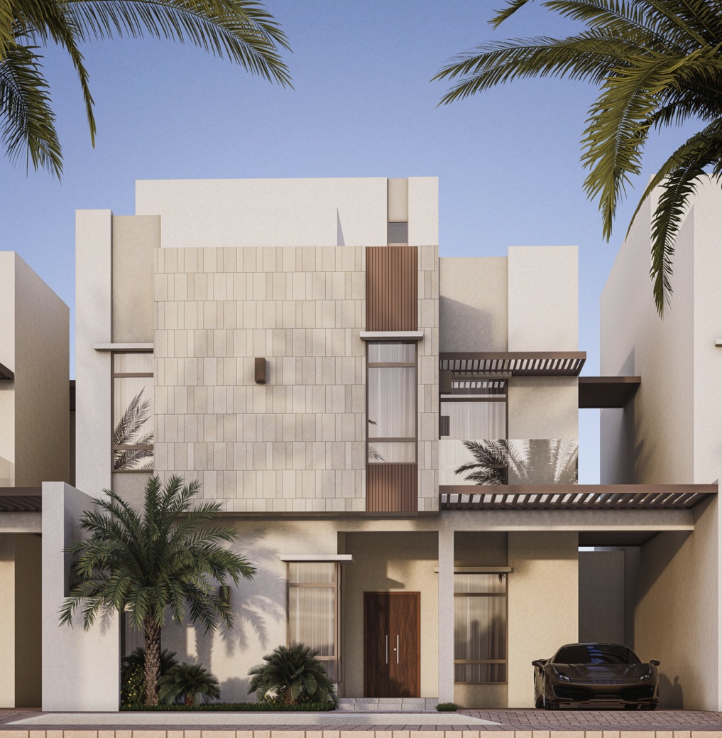 Front elevation of a two-storey villa with stone cladding, timber screens and a carport, framed by palm fronds