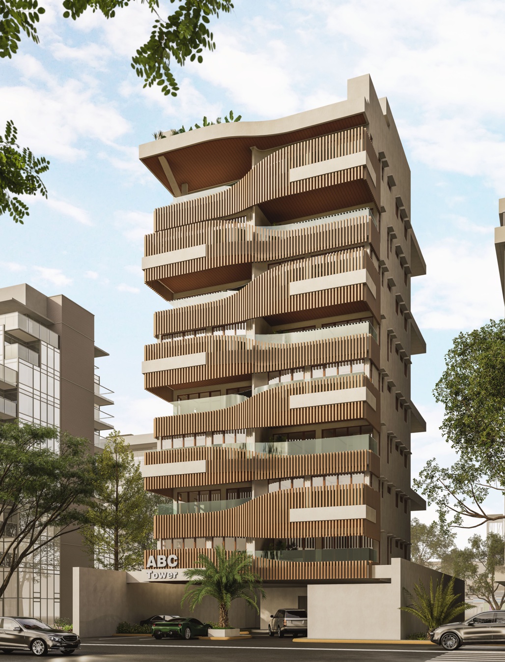 Mid-rise residential tower with curved timber balconies