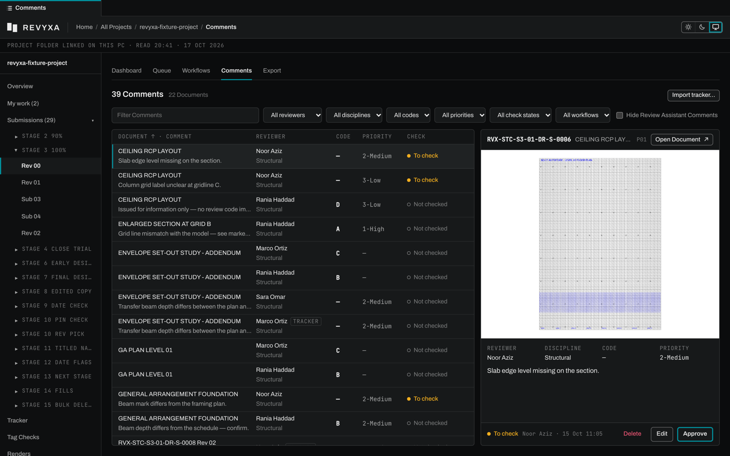 Revyxa comments: a list of review comments with reviewer, code, priority and check state, beside a preview of the drawing