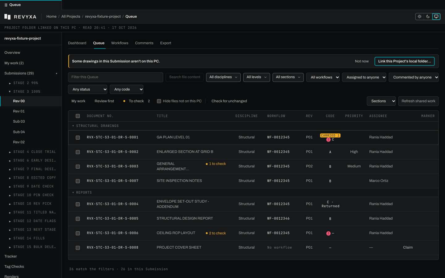 Revyxa queue: a filterable table of drawings with discipline, workflow, revision, review code and assignee